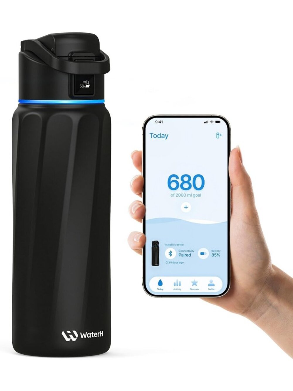 Smart Water Bottle Tracker with Reminder - 32oz Hydration Companion, Black